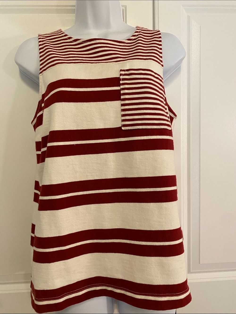 Banana Republic Red and White Striped Sleeveless Tank with Pocket Accent